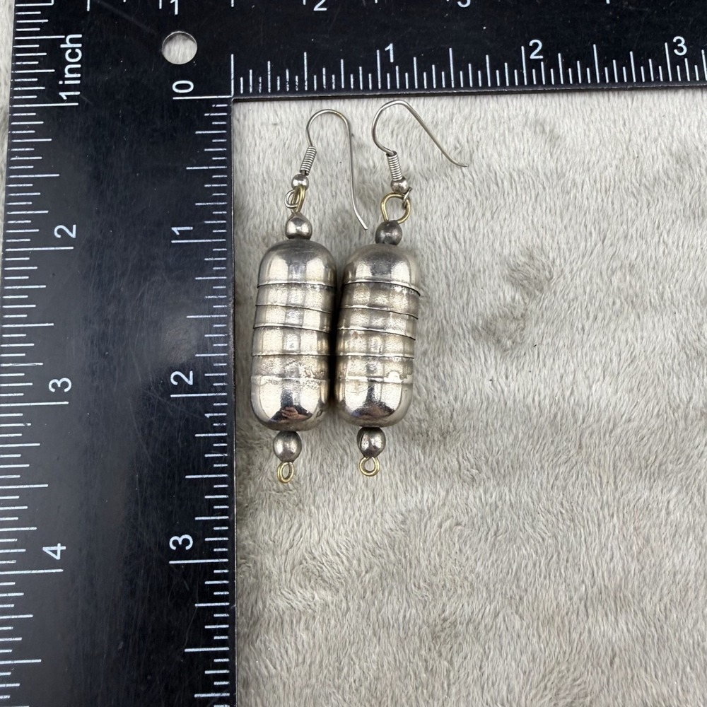 Vintage Necklace Pierced Earrings Set Large Metal Beaded Silver Tone 32" - Picture 2 of 9